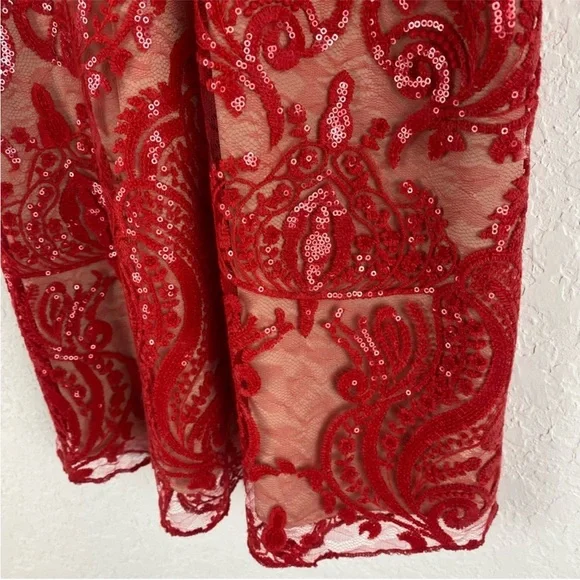 Free People Night Shimmers Mini Dress Red Lace Sequins Plunge V Party Dress - Picture 6 of 11